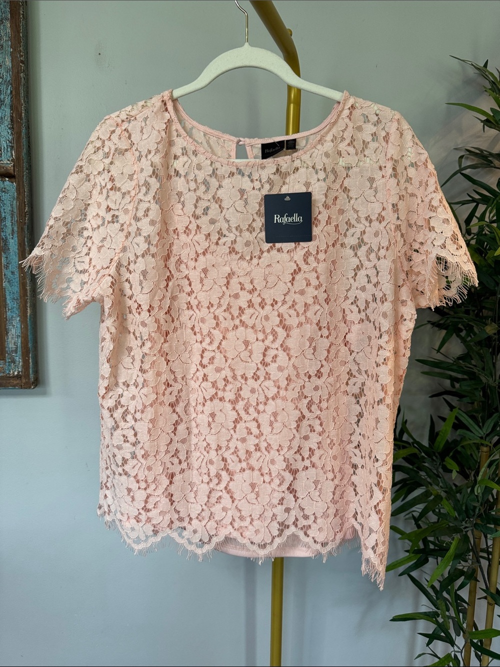 Rafaella Blush Lace and lined Short Sleeve Pullover NWT XL